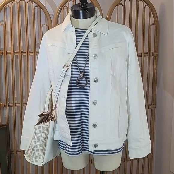 Chaps Denim brand pullover 3/4 sleeve blue white striped boatneck shirt size 2X - Picture 12 of 13